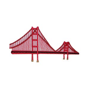 May include: Red embroidered patch of the Golden Gate Bridge in San Francisco, California.