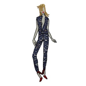 May include: A blue and gold sequined jumpsuit with a plunging neckline and sleeveless design. The jumpsuit is worn by a figure with blonde hair and red lips. The figure is wearing red high heels.