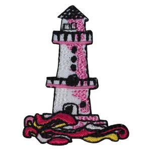 May include: A pink and white embroidered lighthouse with black details, standing on a base of pink and yellow waves.