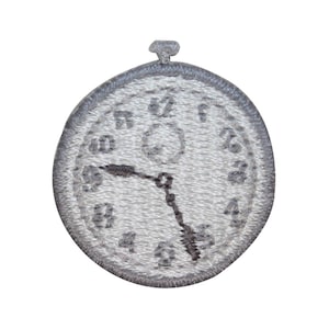 May include: Embroidered patch of a pocket watch. The watch face is light gray with black numerals and hands, indicating the time is approximately 4:50. The patch has a gray border and a small loop at the top.