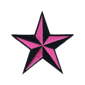 May include: A pink and black nautical star patch. The star is a five-pointed star with a black outline and pink interior. The star is a popular symbol of the sea and is often used as a decorative element on clothing and accessories.