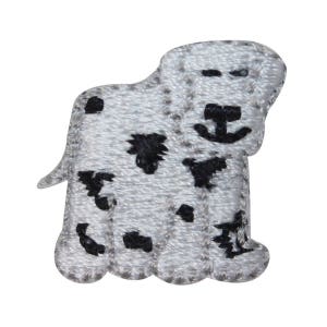 May include: A white and black embroidered iron-on patch of a Dalmatian dog.