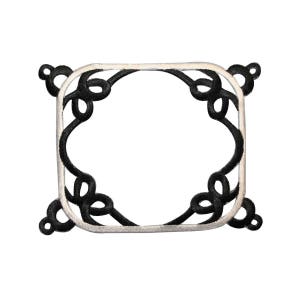 May include: Black and white embroidered frame with a decorative design. The frame is square with rounded corners and has a white outline.
