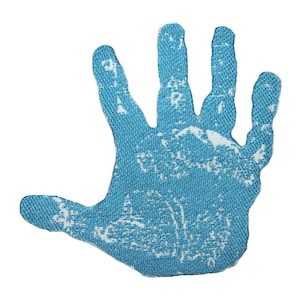 May include: A blue handprint on a white background. The handprint is made of a textured fabric.