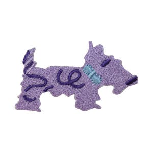 May include: Purple embroidered iron-on patch of a dog with a blue collar. The dog is in a walking position with its tail curled up.