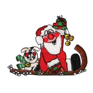 May include: Embroidered iron-on patch depicting Santa Claus and a dog riding in a sleigh. Santa is wearing a red suit, white beard, and a green hat. The dog is wearing a green scarf. The sleigh is brown and has bells hanging from it.