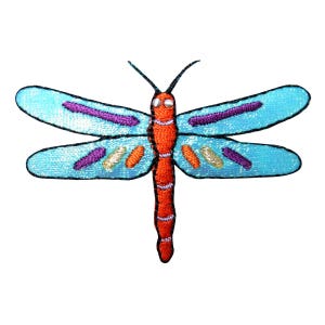 May include: A blue dragonfly with orange, purple, and gold accents. The dragonfly is embroidered and has a shiny finish.
