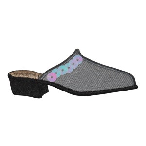 May include: A gray fabric mule with a black heel and a row of iridescent sequins in shades of pink and blue.