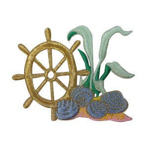 May include: A gold embroidered nautical wheel with blue and pink seashells and green seaweed.