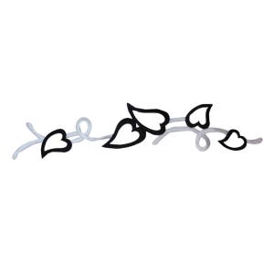 May include: Black and white illustration of a vine with leaves. The vine is drawn in a simple, stylized way, with the leaves resembling hearts.
