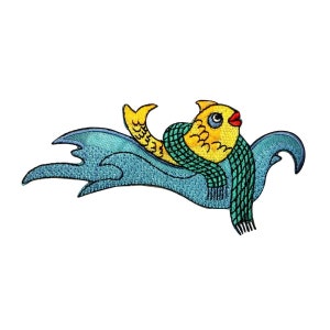 Könnte beinhalten: Ein gelber Fisch mit einem grünen Schal, der in blauen Wellen schwimmt. Der Fisch hat einen roten Mund und weiße Augen.