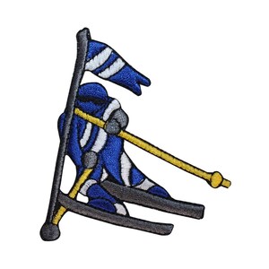 May include: An embroidered patch of a blue skier with a white and blue flag, skiing down a slope with yellow ski poles.