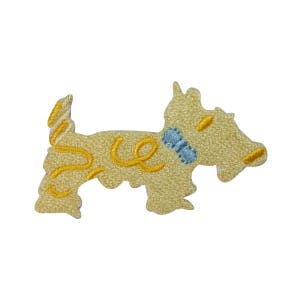 May include: A yellow embroidered iron-on patch of a dog wearing a blue collar. The dog is facing right and has a curly tail.