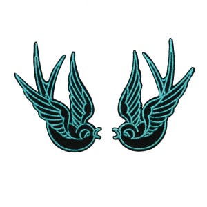 Set of 2 Blue Swallow Bird Patch Tattoo Sparrow Embroidered Iron On Applique