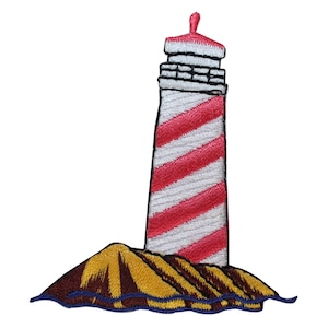 May include: An embroidered patch of a red and white striped lighthouse on a small island with blue waves.