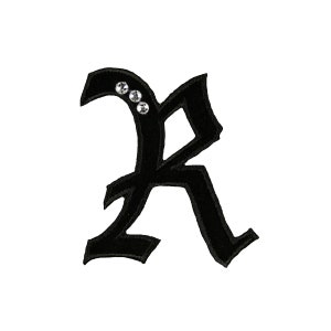 May include: Black felt letter R with rhinestones. The letter is in a gothic style font.