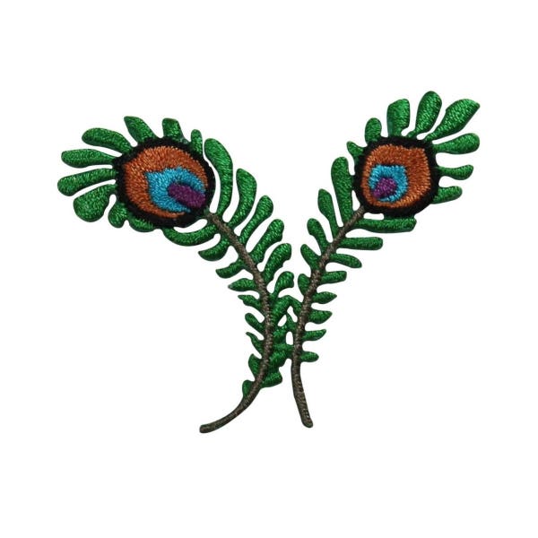 ID 7254 Pair of Peacock Feathers Patch Exotic Bird Embroidered Iron On Applique