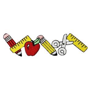 May include: An embroidered iron-on patch with a red apple, two pencils, a ruler, and a pair of scissors. The patch is perfect for adding a fun and whimsical touch to backpacks, jackets, or other fabric items.
