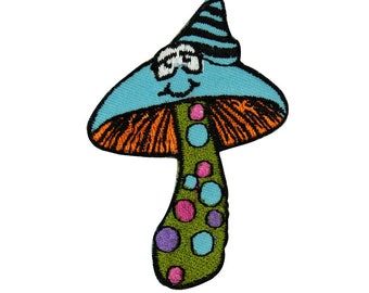 Toppa ricamata con fungo blu e cappello, stile hippie psichedelico, da applicare con ferro da stiro