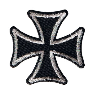 May include: Black iron cross patch with a silver outline. The patch is embroidered and has a rough texture.