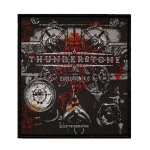 May include: Black and red woven patch with the text "THUNDERSTONE EVOLUTION 4.0" and a stylized image of gears and a gauge.
