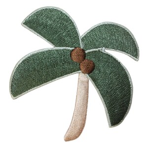 May include: Embroidered green palm tree patch with brown coconuts. The palm tree has a white trunk and is perfect for adding a tropical touch to clothing, bags, or other crafts.