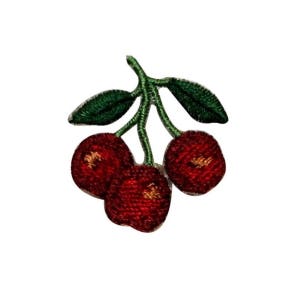 May include: Embroidered patch of three red cherries with green stems and leaves.