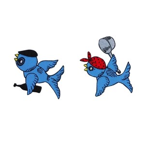 May include: Two blue bird embroidered patches. One bird is wearing a black beret and holding a bottle. The other bird is wearing a red bandana and holding a ladle.