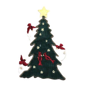 May include: An embroidered Christmas tree patch with a green velvet background and gold glitter stars.  Red cardinals are perched on the branches.