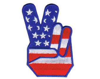 Peace Sign Fingers USA Embroidered Iron On Badge Applique Patch FD - 3 INCH