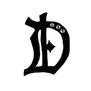 May include: Black felt letter D with three clear rhinestones. The letter is in a gothic font style.