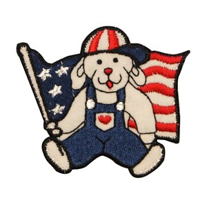 ID 1089 écusson chiot tenant un drapeau, chien patriotique des États-Unis, fer brodé sur appliqué
