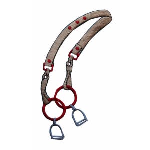 Könnte beinhalten: Ein beigefarbenes Leder-Pferdehalfter mit roten Nähten und roten Punkten. Das Halfter hat zwei silberne Steigbügel daran befestigt.