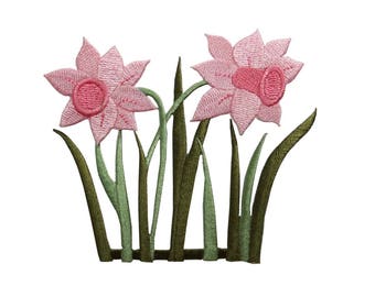 ID 6294 Pink Daffodil Flowers Patch Garden Blossom Embroidered Iron On Applique