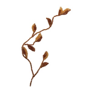 May include: A beaded twig with brown leaves. The leaves are made of small, round beads that are sewn together to create a realistic leaf shape.