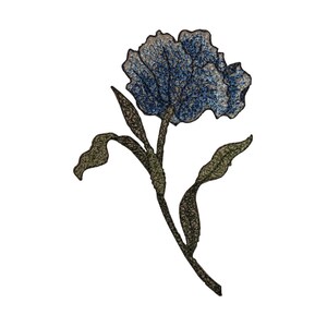 May include: An illustrated blue flower with textured petals, green stem and leaves, set against a white background. The artwork has a hand-drawn, botanical feel. The image is a detailed botanical illustration.