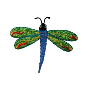 May include: A green and blue embroidered dragonfly with red accents. The dragonfly has a long, thin body and two pairs of wings.