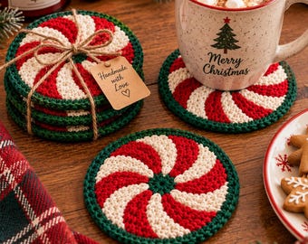 Christmas Peppermint Coaster Crochet Pattern PDF, Candy Swirl Mug Rug, Easy Beginner Holiday Decor