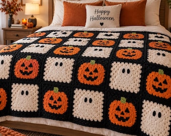Halloween Granny Square Blanket Pattern: Pumpkin Ghost Throw PDF