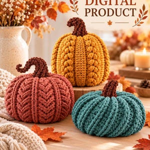 Crochet Pumpkin Pattern PDF, Cable, Bobble and Ribbed Trio in 3 Sizes