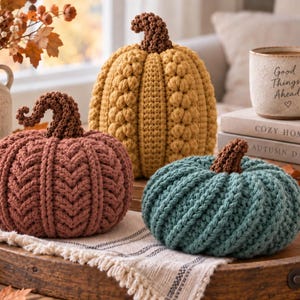 May include: Three handmade crochet pumpkins in rust, mustard yellow, and teal colors. Each pumpkin features a textured knit pattern and a dark brown crocheted stem. The pumpkins are arranged on a wooden tray with a white fabric cloth underneath.