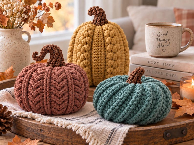 May include: Three handmade crochet pumpkins in rust, mustard yellow, and teal colors. Each pumpkin features a textured knit pattern and a dark brown crocheted stem. The pumpkins are arranged on a wooden tray with a white fabric cloth underneath.