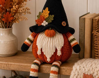 Crochet Pumpkin Gnome Pattern, Amigurumi Halloween Witch Hat Gnome PDF, Beginner Fall Home Decor