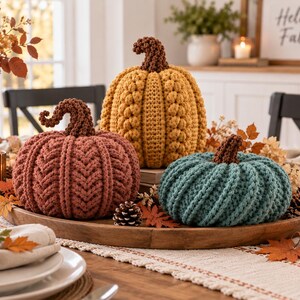 May include: Three handmade crochet pumpkins in mustard yellow, muted terracotta, and teal, each featuring a dark brown textured stem. The pumpkins are arranged on a round wooden tray, decorated with small pinecones and scattered autumn leaves.