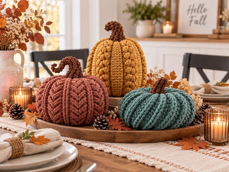 May include: Three handmade crochet pumpkins in mustard yellow, muted terracotta, and teal, each featuring a dark brown textured stem. The pumpkins are arranged on a round wooden tray, decorated with small pinecones and scattered autumn leaves.
