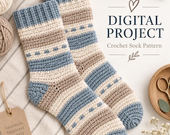 Crochet Sock Pattern PDF, Beginner Striped Colorwork Socks, Easy Tutorial, Instant Download, Winter Gift