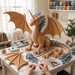 May include: A large, tan, crocheted dragon figure with blue-tipped wings, a horn, and a long tail. The dragon is surrounded by various crochet supplies, including extra wings, blue-tipped scales, yarn balls, and metal tools on a white table.