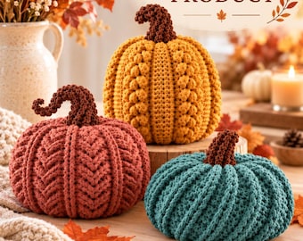 Crochet Pumpkin Pattern PDF, Cable Bobble Ribbed Pumpkin Trio, Amigurumi Fall Decor, Beginner Tutorial