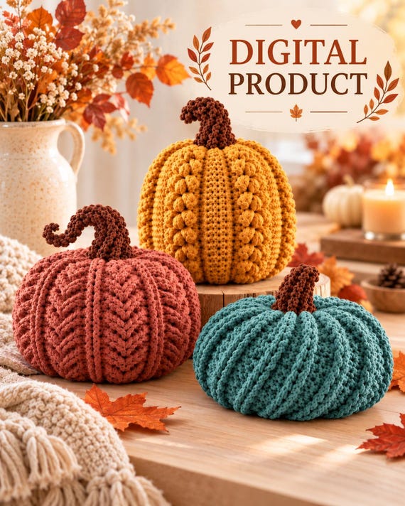 Crochet Pumpkin Pattern PDF, Cable Bobble Ribbed Pumpkin Trio, Amigurumi Fall Decor, Beginner Tutorial