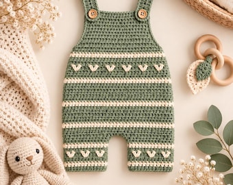 Baby Overalls Crochet Pattern PDF Newborn Romper Unisex Boy Girl Heart Easy Beginner Download